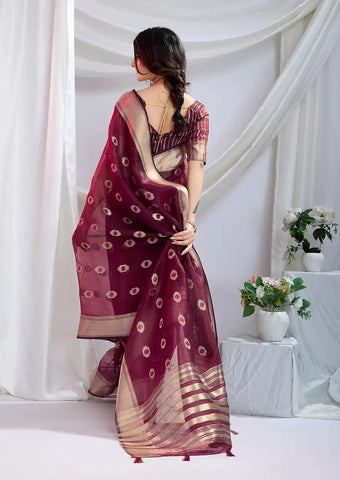 Indo Silk Maroon Sarees Crafted With A Blend Of Linen And Cotton Offer A Unique Combination Of Texture And Elegance