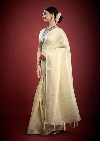 Indo Silk Cream White Sarees Crafted With A Blend Of Linen And Silk Offer A Unique Combination Of Texture And Elegance