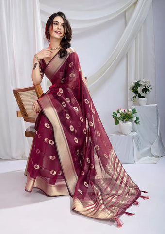 Indo Silk Maroon Sarees Crafted With A Blend Of Linen And Cotton Offer A Unique Combination Of Texture And Elegance