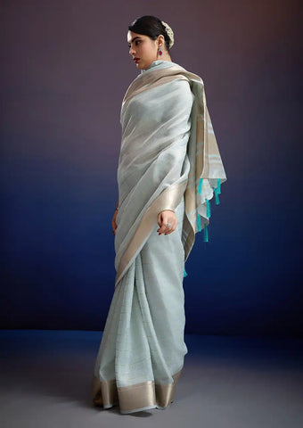 Indo Silk Blue Sarees Crafted With A Blend Of Linen And Silk Offer A Unique Combination Of Texture And Elegance