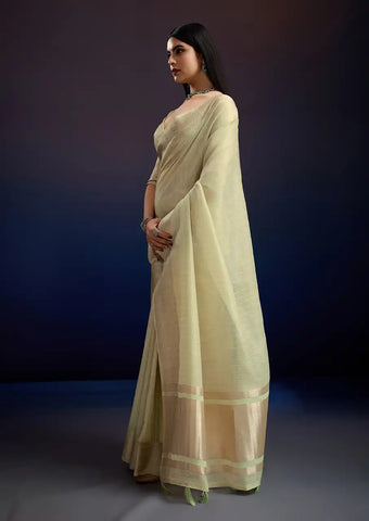 Indo Silk Pastel Yellow Sarees Crafted With A Blend Of Linen And Cotton Offer A Unique Combination Of Texture And Elegance