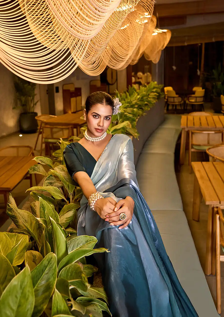Indo Silk White & Teal Sarees Crafted With Fendy Satin Blend Traditional Elegance And Modern Luxury