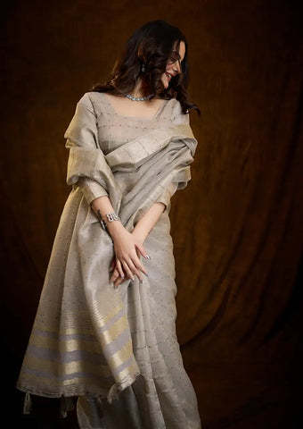 Indo Silk Grey Sarees Crafted With A Blend Of Linen And Silk Offer A Unique Combination Of Texture And Elegance
