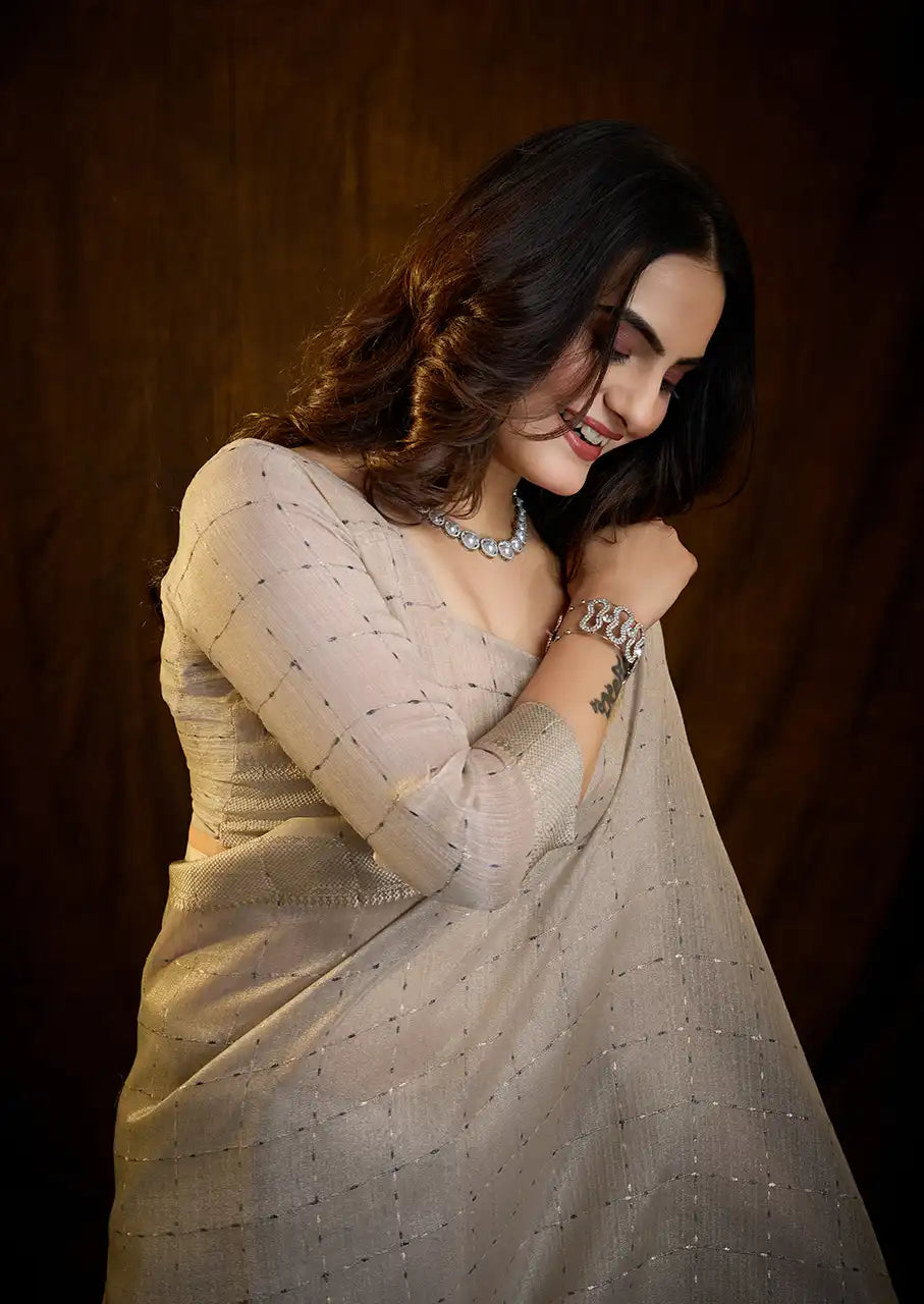 Indo Silk Grey Sarees Crafted With A Blend Of Linen And Silk Offer A Unique Combination Of Texture And Elegance