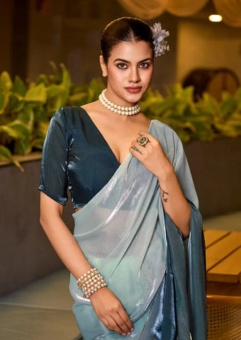 Indo Silk White & Teal Sarees Crafted With Fendy Satin Blend Traditional Elegance And Modern Luxury