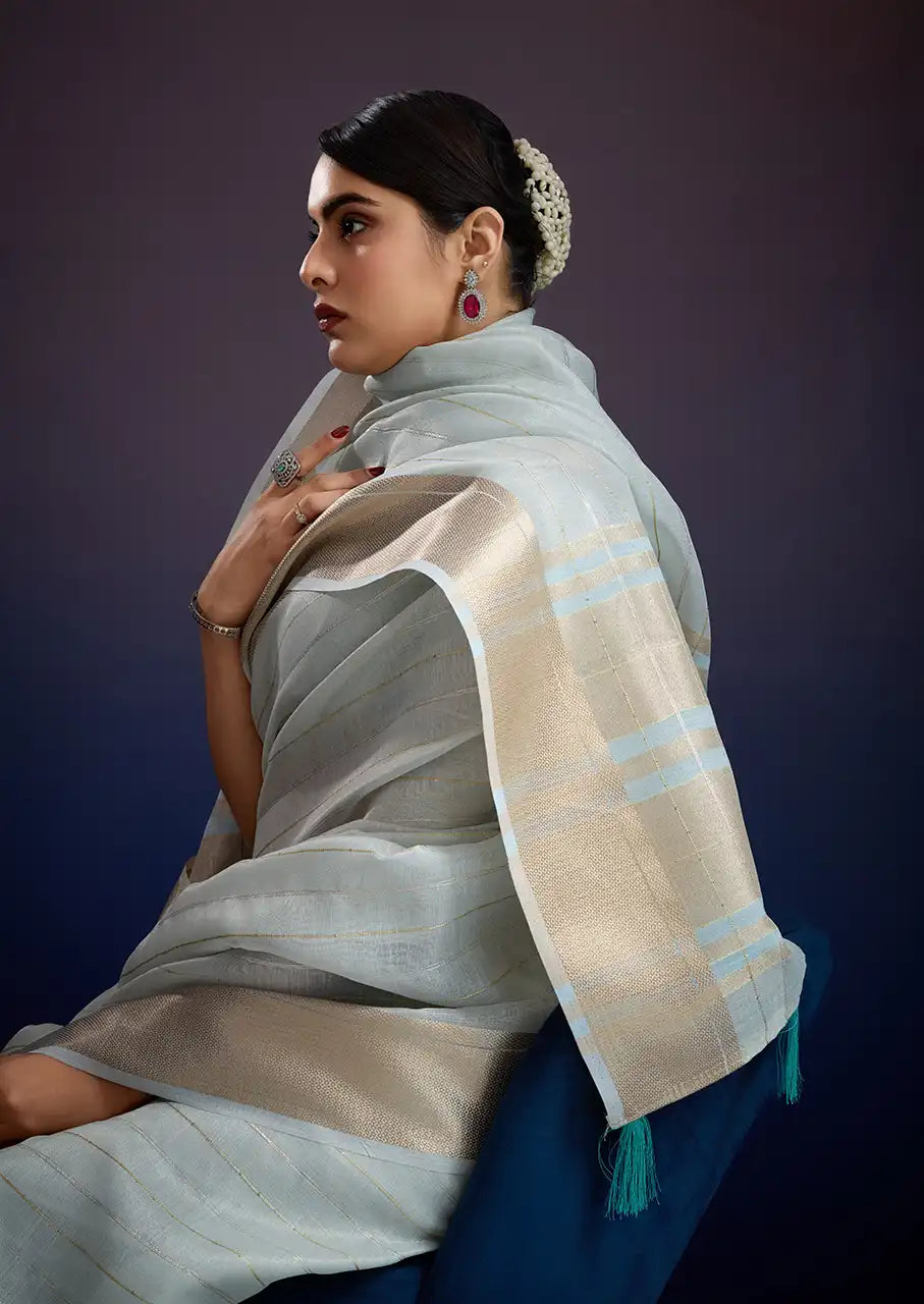 Indo Silk Blue Sarees Crafted With A Blend Of Linen And Silk Offer A Unique Combination Of Texture And Elegance