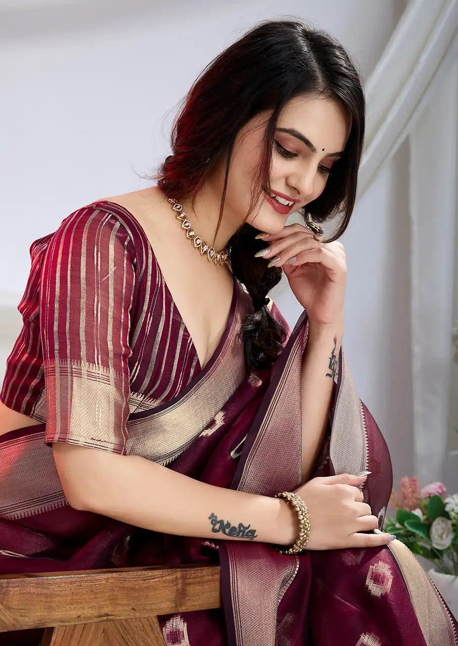 Indo Silk Maroon Sarees Crafted With A Blend Of Linen And Cotton Offer A Unique Combination Of Texture And Elegance