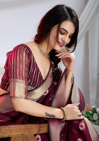 Indo Silk Maroon Sarees Crafted With A Blend Of Linen And Cotton Offer A Unique Combination Of Texture And Elegance