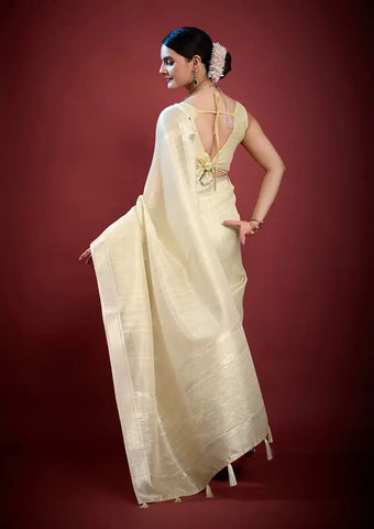 Indo Silk Cream White Sarees Crafted With A Blend Of Linen And Silk Offer A Unique Combination Of Texture And Elegance