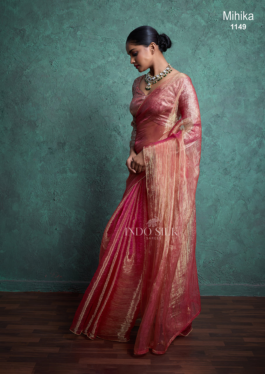 Mihika Rose Gold Pink Silk Saree – Designer Party & Wedding Wear