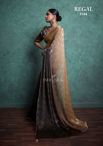 Regal 1144 Golden Brown Fendy Satin Chex Saree – Elegant Designer Indo Silk Saree for Women