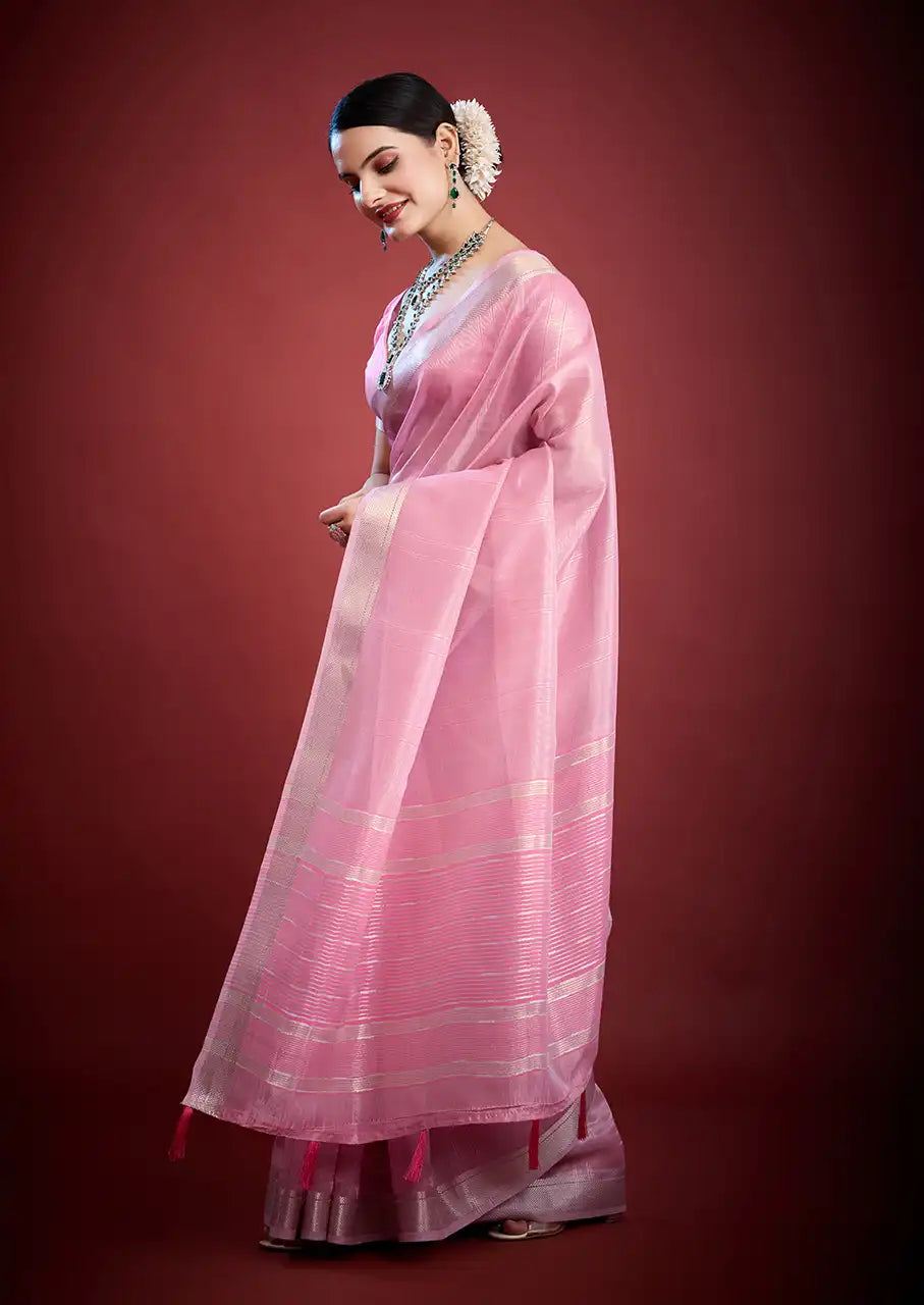 Indo Silk Pink Sarees Crafted With A Blend Of Linen And Silk Offer A Unique Combination Of Texture And Elegance