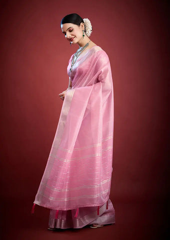Indo Silk Pink Sarees Crafted With A Blend Of Linen And Silk Offer A Unique Combination Of Texture And Elegance