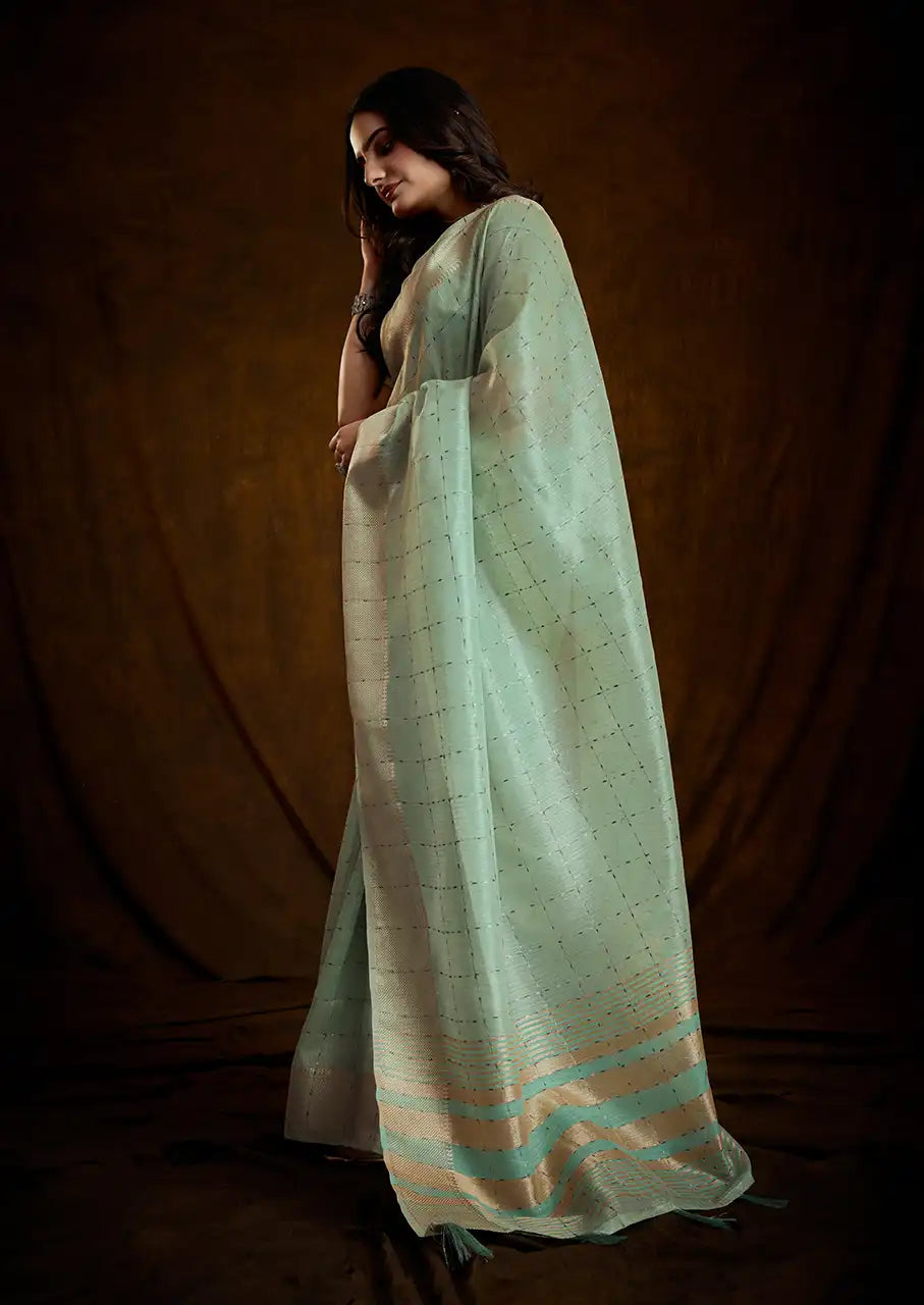 Indo Silk Mint Green Sarees Crafted With A Blend Of Linen And Silk Offer A Unique Combination Of Texture And Elegance