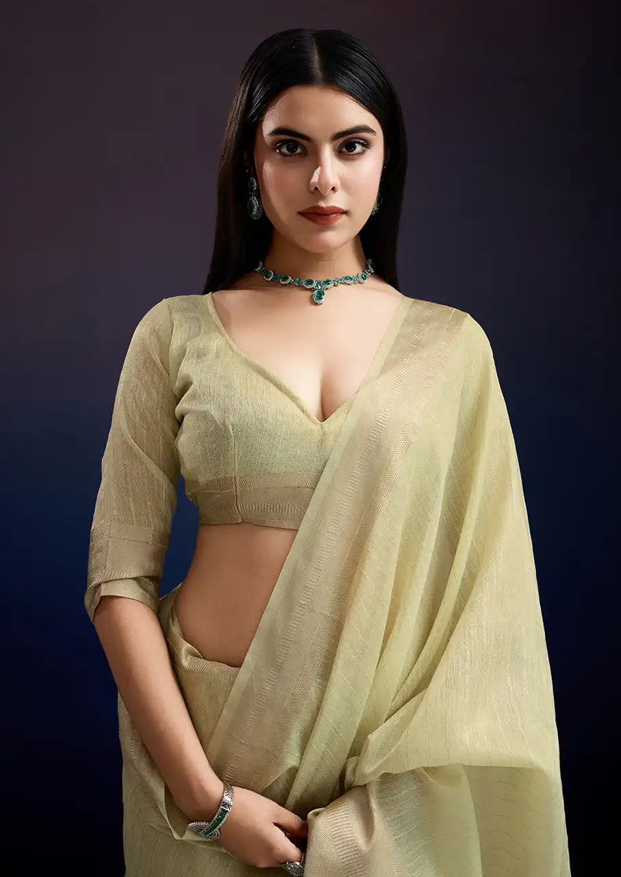 Indo Silk Pastel Yellow Sarees Crafted With A Blend Of Linen And Cotton Offer A Unique Combination Of Texture And Elegance