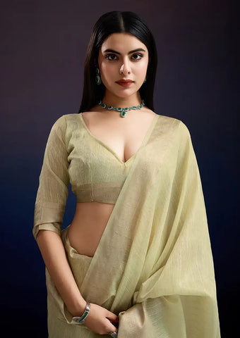Indo Silk Pastel Yellow Sarees Crafted With A Blend Of Linen And Cotton Offer A Unique Combination Of Texture And Elegance