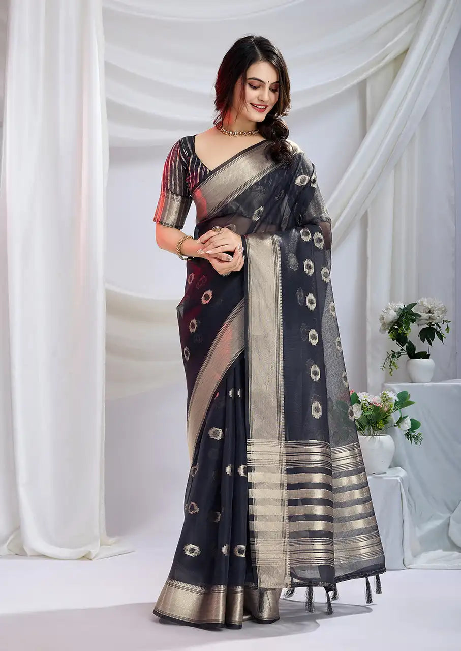 Indo Silk Black Sarees Crafted With A Blend Of Linen And Cotton Offer A Unique Combination Of Texture And Elegance