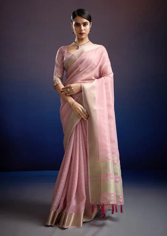 Indo Silk Pink Sarees Crafted With A Blend Of Linen And Silk Offer A Unique Combination Of Texture And Elegance
