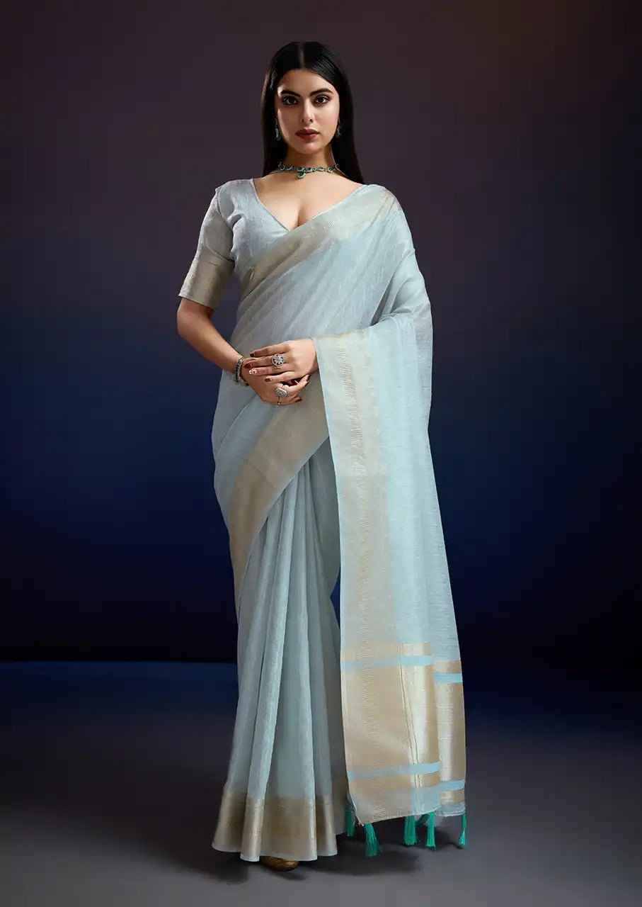 Indo Silk Blue Sarees Crafted With A Blend Of Linen And Cotton Offer A Unique Combination Of Texture And Elegance