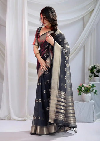 Indo Silk Black Sarees Crafted With A Blend Of Linen And Cotton Offer A Unique Combination Of Texture And Elegance