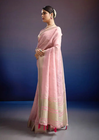 Indo Silk Pink Sarees Crafted With A Blend Of Linen And Silk Offer A Unique Combination Of Texture And Elegance