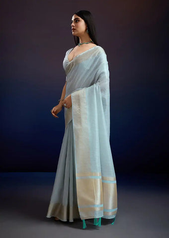 Indo Silk Blue Sarees Crafted With A Blend Of Linen And Cotton Offer A Unique Combination Of Texture And Elegance