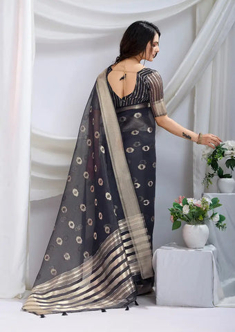 Indo Silk Black Sarees Crafted With A Blend Of Linen And Cotton Offer A Unique Combination Of Texture And Elegance