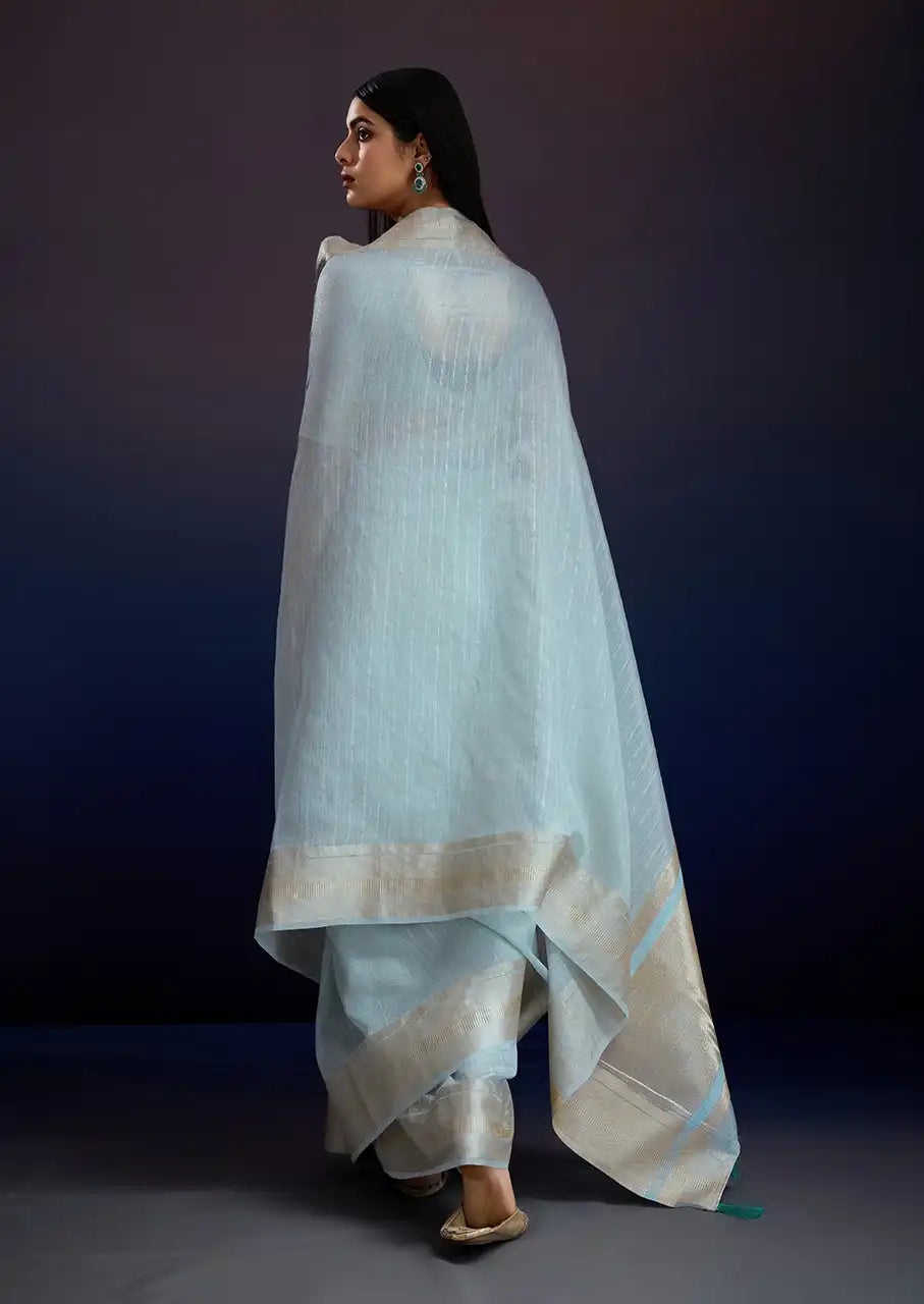 Indo Silk Blue Sarees Crafted With A Blend Of Linen And Cotton Offer A Unique Combination Of Texture And Elegance