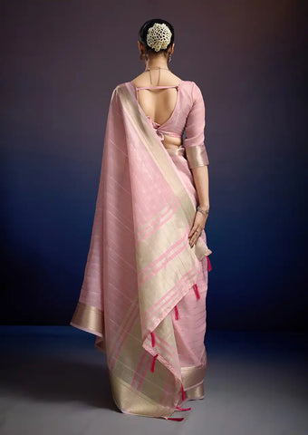 Indo Silk Pink Sarees Crafted With A Blend Of Linen And Silk Offer A Unique Combination Of Texture And Elegance