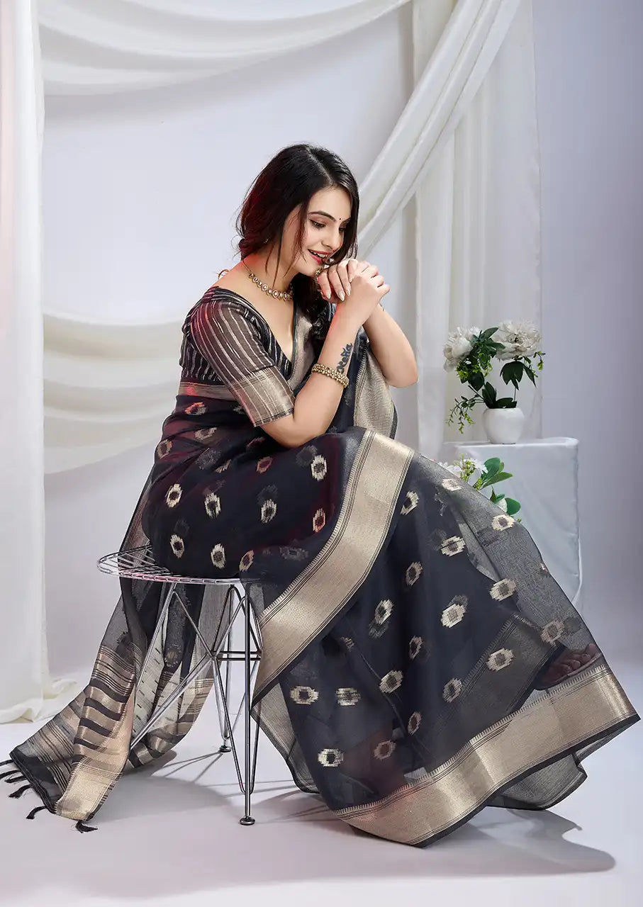 Indo Silk Black Sarees Crafted With A Blend Of Linen And Cotton Offer A Unique Combination Of Texture And Elegance