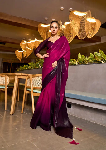 Indo Silk Magenta & Plum Sarees Crafted With Fendy Satin Blend Traditional Elegance And Modern Luxury