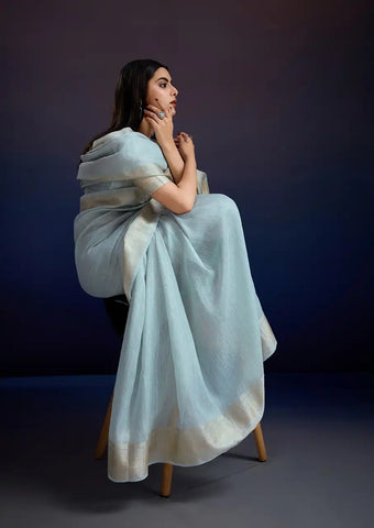 Indo Silk Blue Sarees Crafted With A Blend Of Linen And Cotton Offer A Unique Combination Of Texture And Elegance