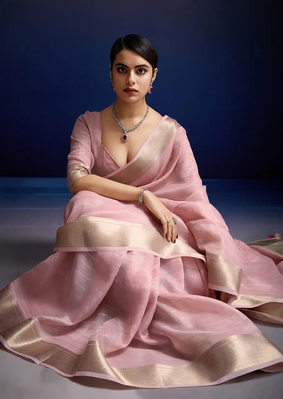 Indo Silk Pink Sarees Crafted With A Blend Of Linen And Silk Offer A Unique Combination Of Texture And Elegance