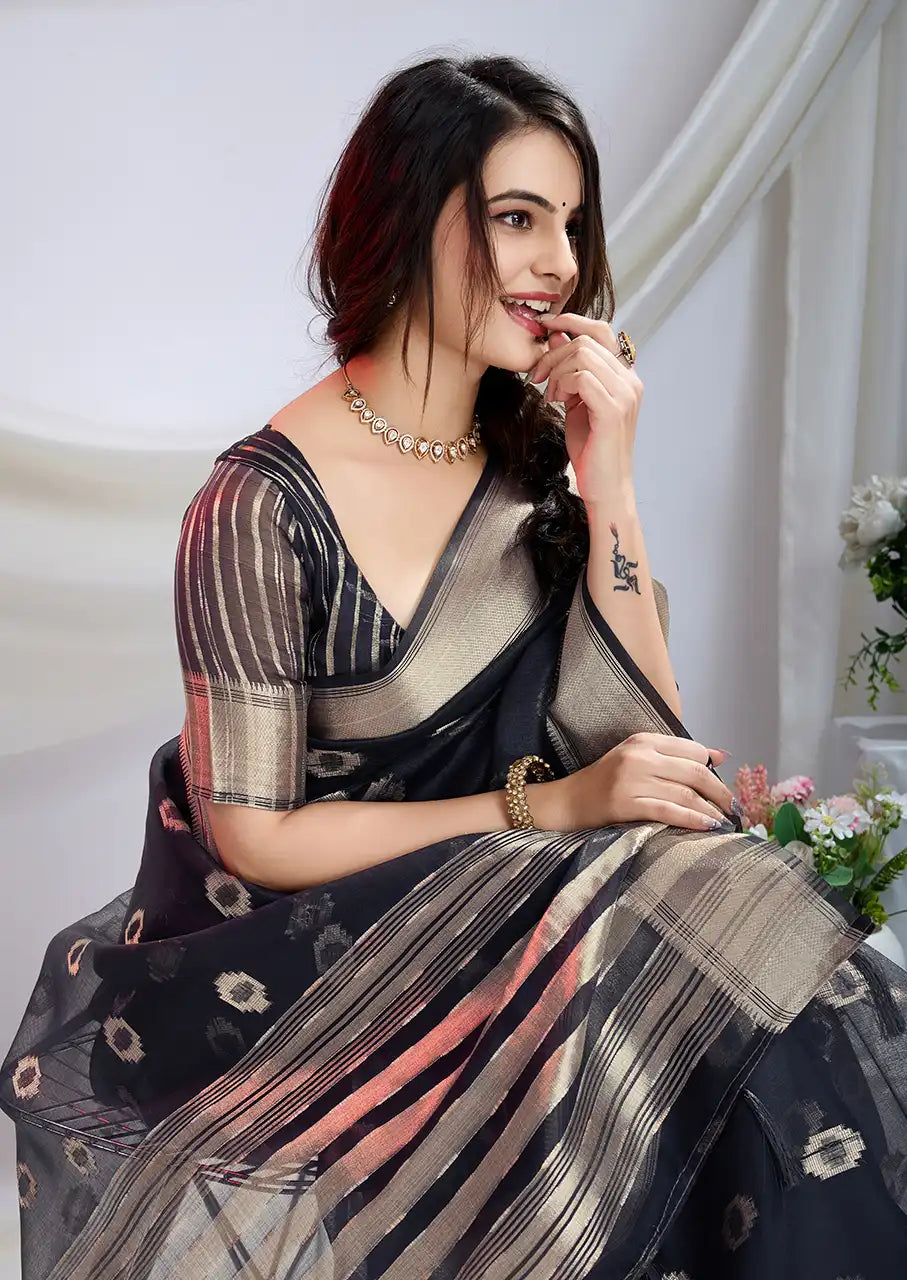 Indo Silk Black Sarees Crafted With A Blend Of Linen And Cotton Offer A Unique Combination Of Texture And Elegance