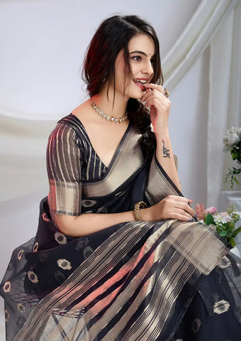 Indo Silk Black Sarees Crafted With A Blend Of Linen And Cotton Offer A Unique Combination Of Texture And Elegance