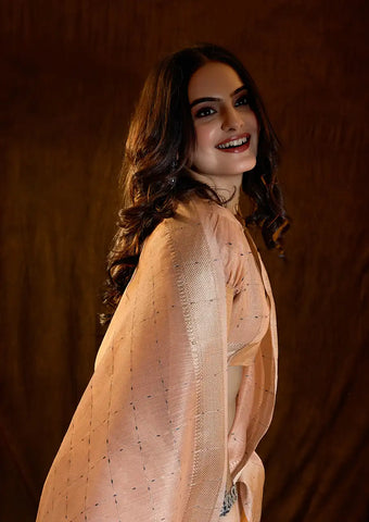Indo Silk Peach Sarees Crafted With A Blend Of Linen And Silk Offer A Unique Combination Of Texture And Elegance