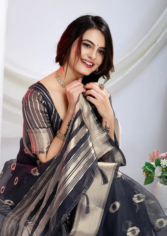 Indo Silk Black Sarees Crafted With A Blend Of Linen And Cotton Offer A Unique Combination Of Texture And Elegance