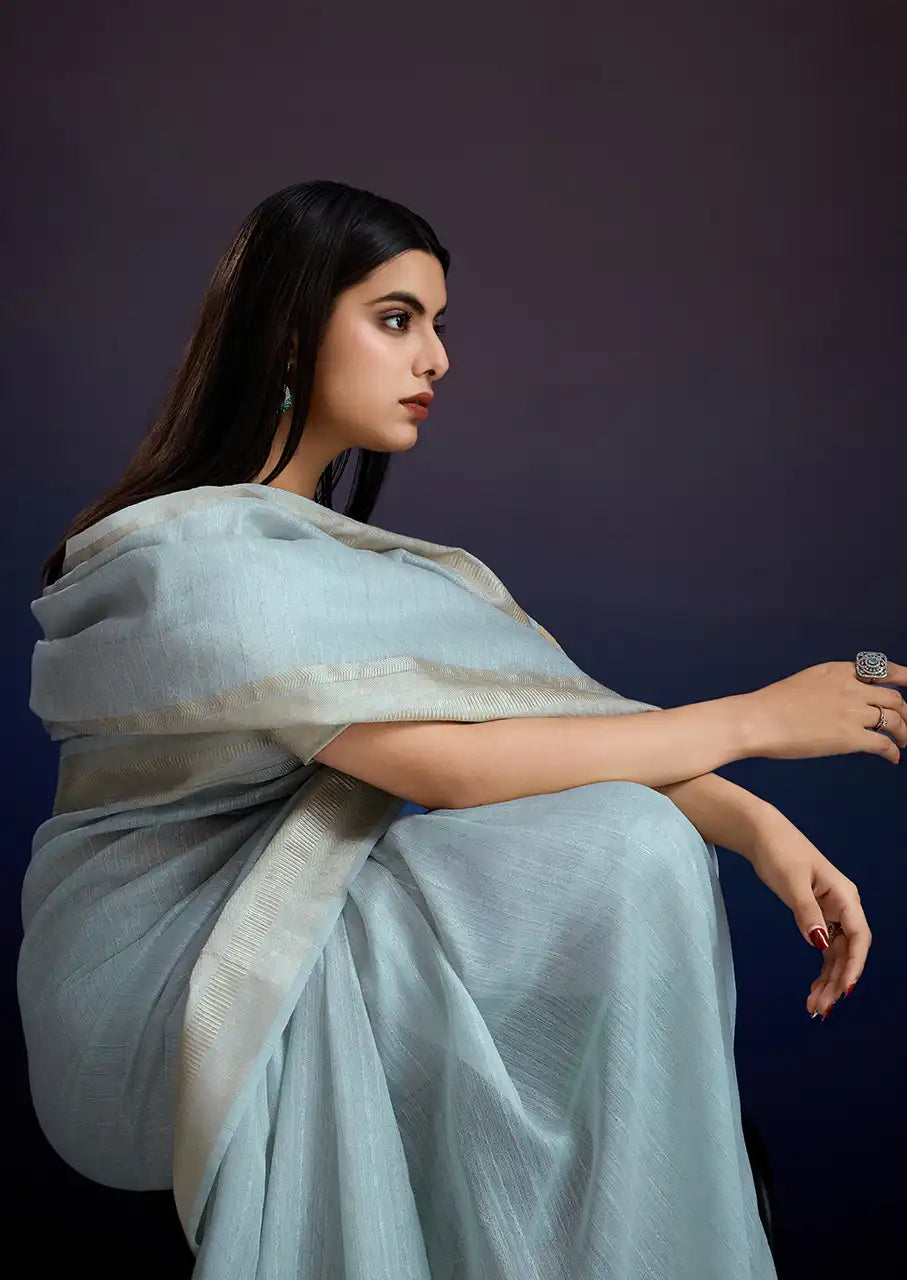 Indo Silk Blue Sarees Crafted With A Blend Of Linen And Cotton Offer A Unique Combination Of Texture And Elegance