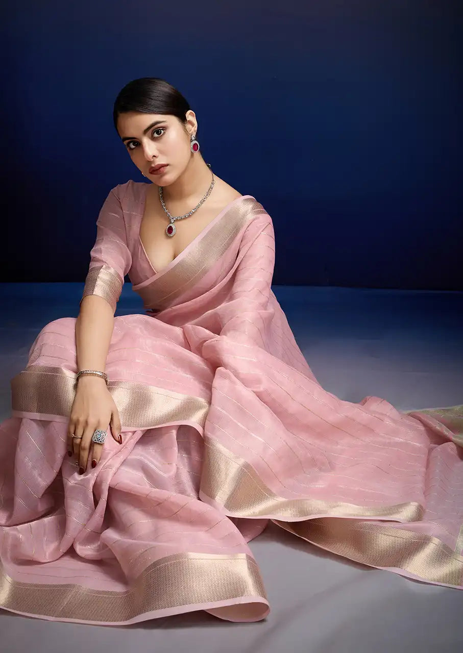 Indo Silk Pink Sarees Crafted With A Blend Of Linen And Silk Offer A Unique Combination Of Texture And Elegance