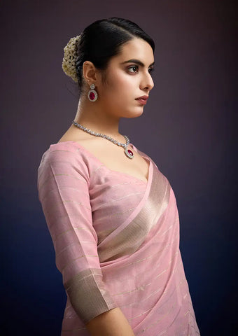 Indo Silk Pink Sarees Crafted With A Blend Of Linen And Silk Offer A Unique Combination Of Texture And Elegance