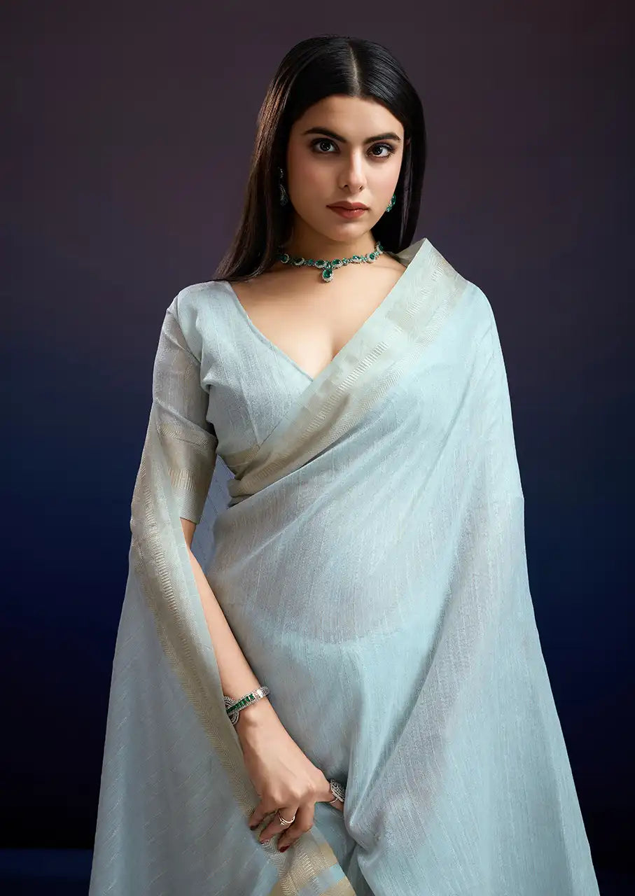 Indo Silk Blue Sarees Crafted With A Blend Of Linen And Cotton Offer A Unique Combination Of Texture And Elegance