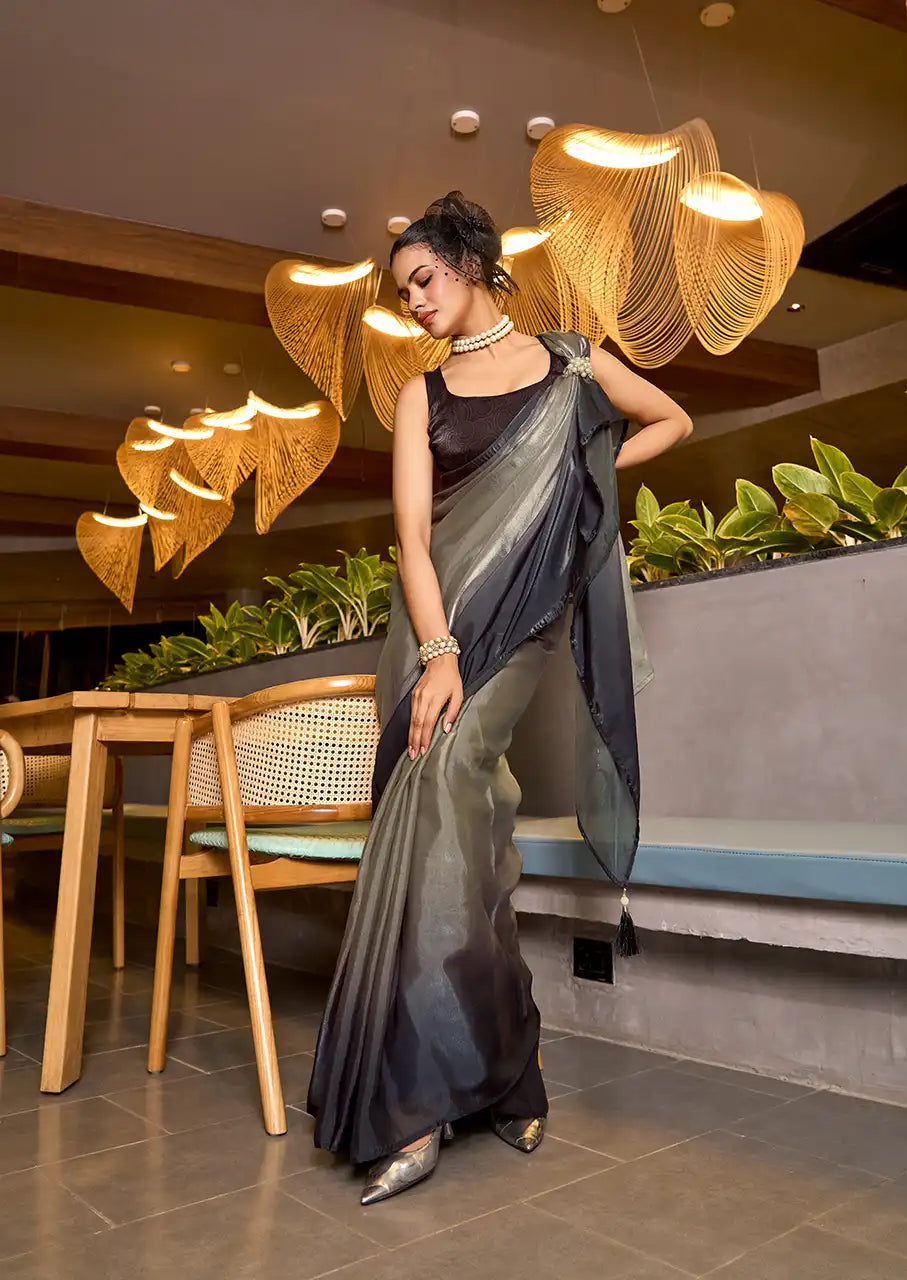 Indo Silk Deep Grey Sarees Crafted With Fendy Satin Blend Traditional Elegance And Modern Luxury