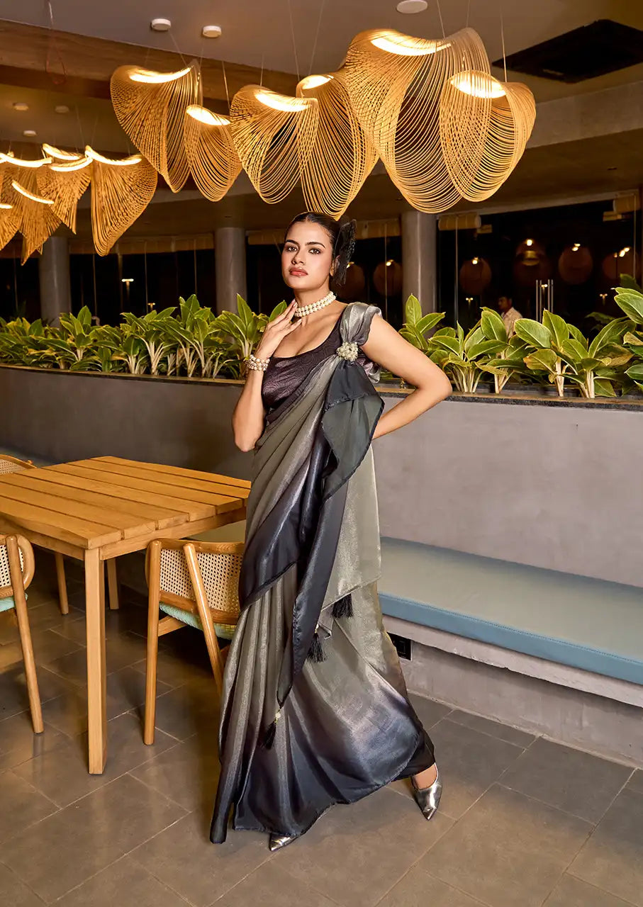 Indo Silk Deep Grey Sarees Crafted With Fendy Satin Blend Traditional Elegance And Modern Luxury