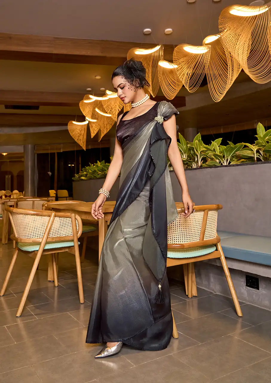 Indo Silk Deep Grey Sarees Crafted With Fendy Satin Blend Traditional Elegance And Modern Luxury
