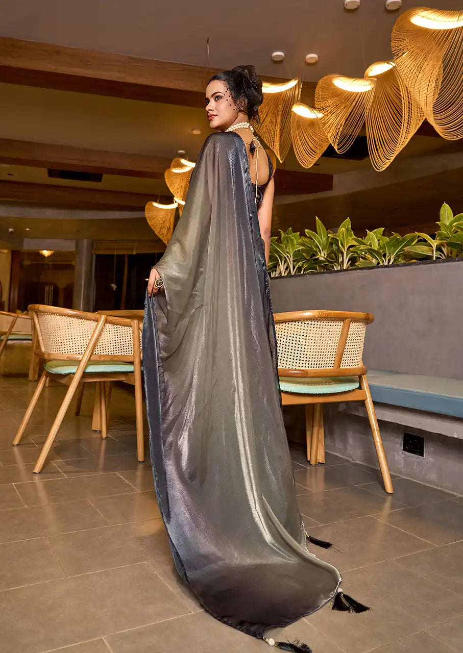 Indo Silk Deep Grey Sarees Crafted With Fendy Satin Blend Traditional Elegance And Modern Luxury