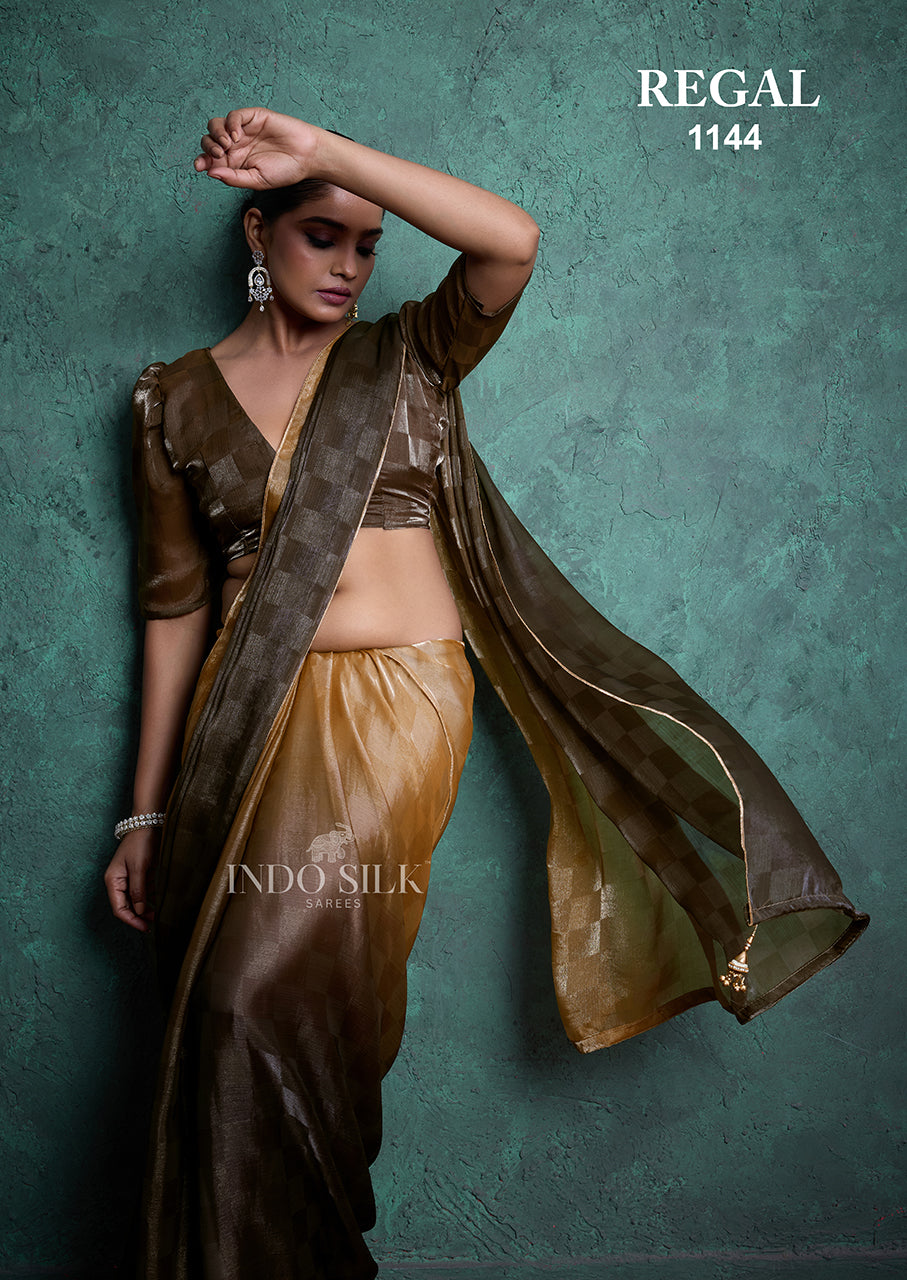 Regal 1144 Golden Brown Fendy Satin Chex Saree – Elegant Designer Indo Silk Saree for Women