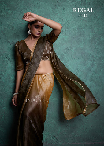 Regal 1144 Golden Brown Fendy Satin Chex Saree – Elegant Designer Indo Silk Saree for Women