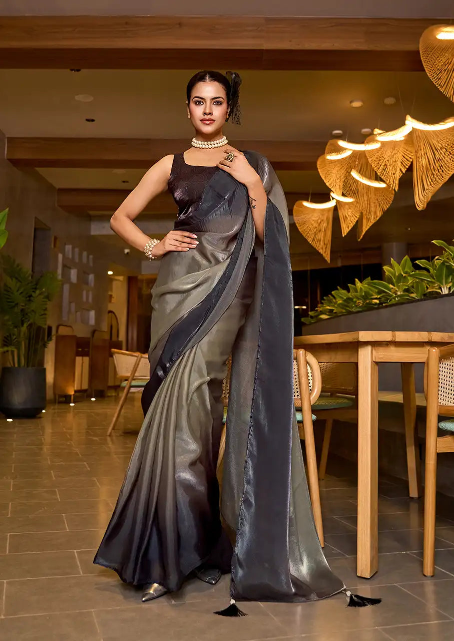 Indo Silk Deep Grey Sarees Crafted With Fendy Satin Blend Traditional Elegance And Modern Luxury