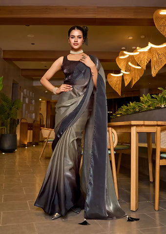 Indo Silk Deep Grey Sarees Crafted With Fendy Satin Blend Traditional Elegance And Modern Luxury