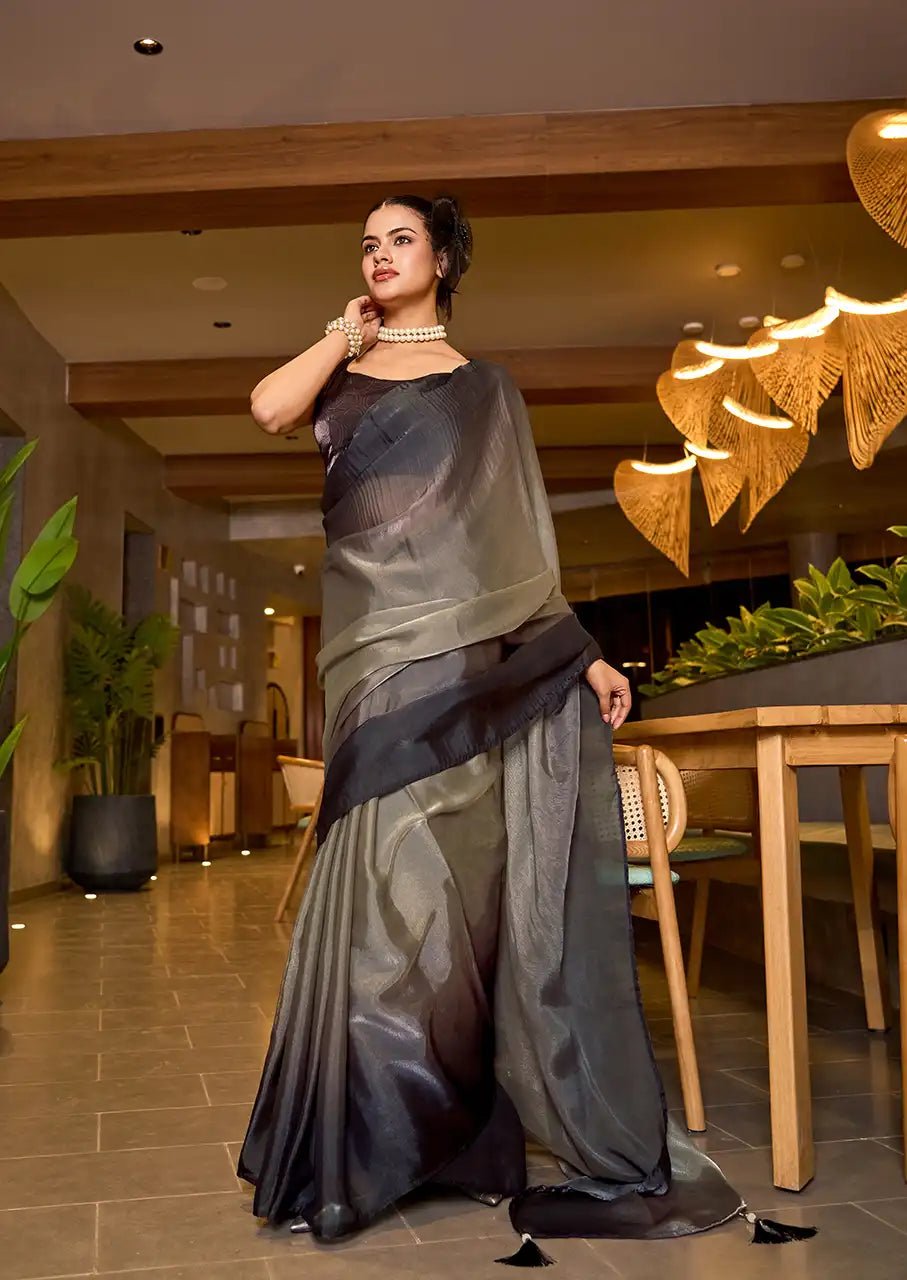 Indo Silk Deep Grey Sarees Crafted With Fendy Satin Blend Traditional Elegance And Modern Luxury